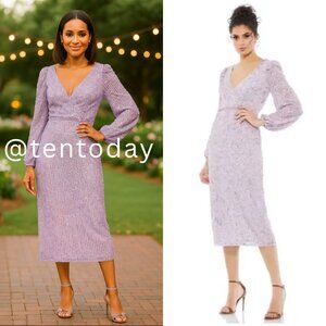 Mac Duggal 10764‎ Size 14 Light Purple Lavender Long Sleeve Sequined Midi Dress